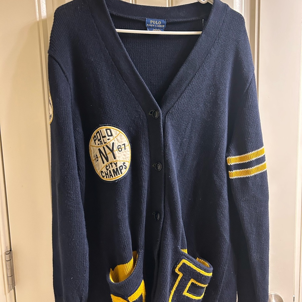 Polo by Ralph Lauren Dark Blue Sweater with Cream and Yellow Patches